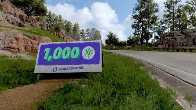 A bonus board on the side of the road in Forza Horizon 5 on Xbox Series X.
