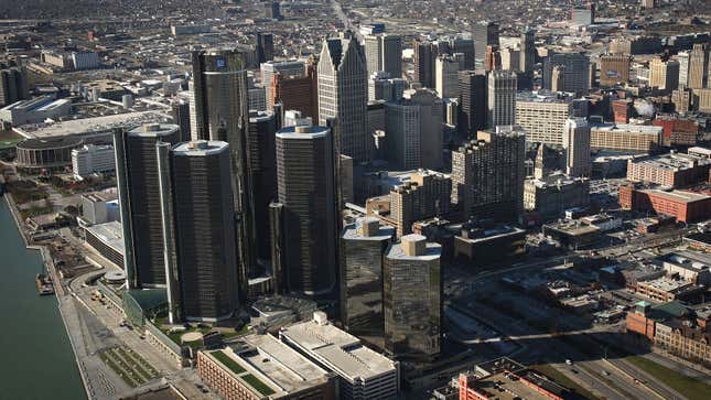 A helicopter shot of downtown Detroit, Michigan 