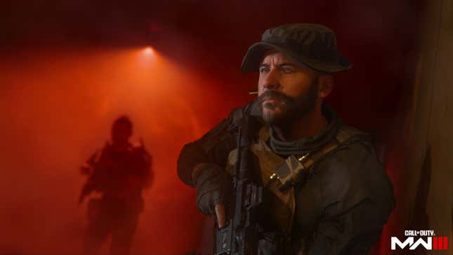 Captain Price stands against a red-tinged background, gun in hand, in a new image from Call of Duty: Modern Warfare III. 