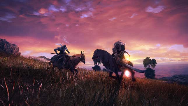 An image depicting the Tarnished player character battle a Kaiden sellsword on horseback against a pink-and-purple sunset backdrop.
