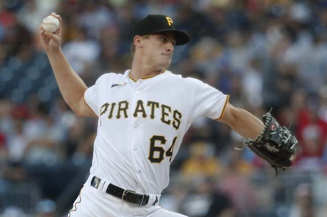 Jul 29, 2023; Pittsburgh, Pennsylvania, USA;  .Pittsburgh Pirates starting pitcher Quinn Priester (64) delivers a pitch against the Philadelphia Phillies during the first inning at PNC Park.