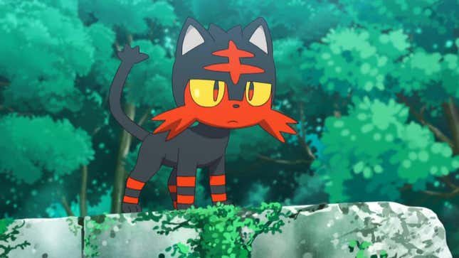 Litten is seen standing on a rock and looking at something off-screen.