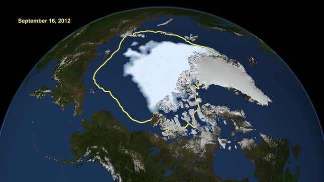 This image shows the extent of the sea ice on September 16 2012, as it compares to the average minimum extent over the past 30 years (in yellow).