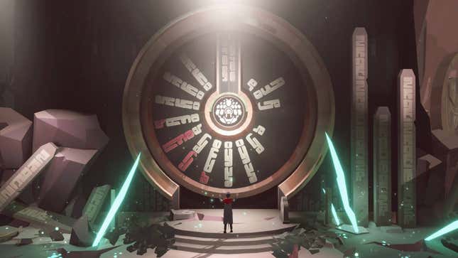Protagonist standing in front of a circular puzzle door.