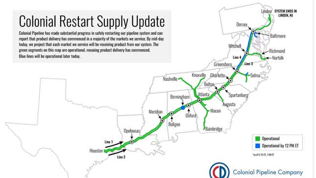 Image for article titled Colonial Pipeline Reportedly Paid Hackers $5 Million for Decryption Key That Wasn't Very Useful