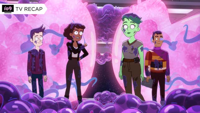 The cast of Lower Decks stands amid purple bubbles.