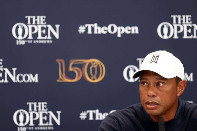 US golfer Tiger Woods speaks during a press conference at the British Open golf championship in St Andrews, Scotland, Tuesday, July 12, 2022. The Open Championship returns to the home of golf on July 14-17, 2022, to celebrate the 150th edition of the sport’s oldest championship, which dates to 1860 and was first played at St. Andrews in 1873.