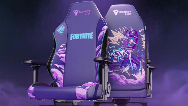 Secretlab displays its purple Fortnite chair against a purple background.