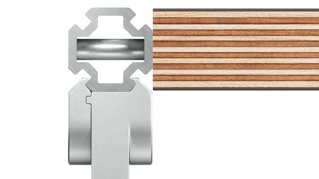A close-up of the Teenage Engineering's Field Desk Field Rail assembly system looks.