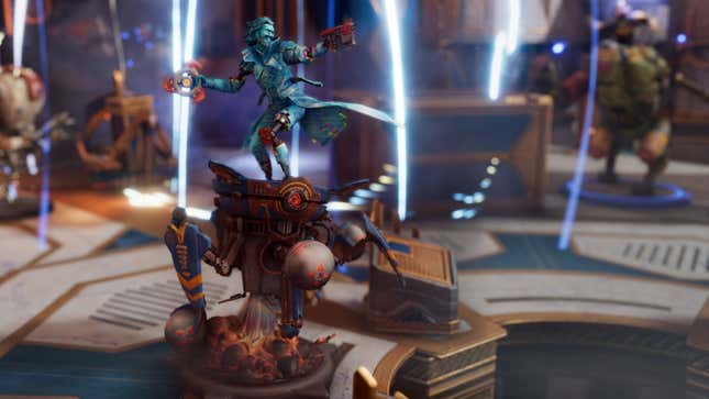 A character figurine sits on the playfield in Moonbreaker.
