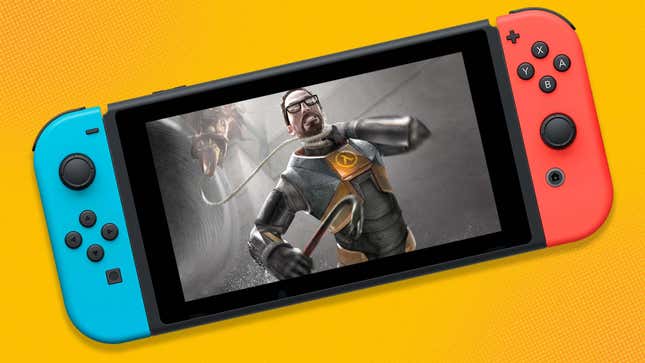 An image of Half-Life 2 protagonist Gordon Freeman getting grabbed by the neck is superimposed onto the Nintendo Switch's screen.