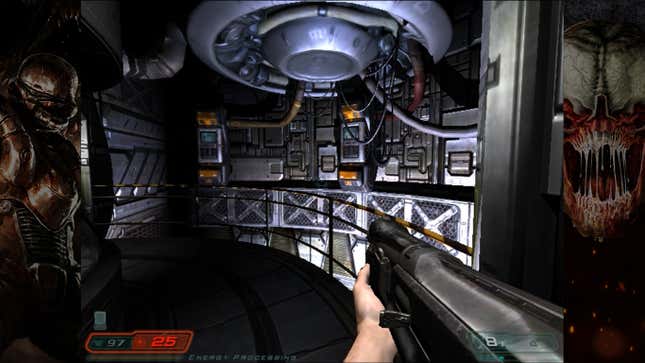 The protagonist in Doom 3 moves through a dimly lit corridor.