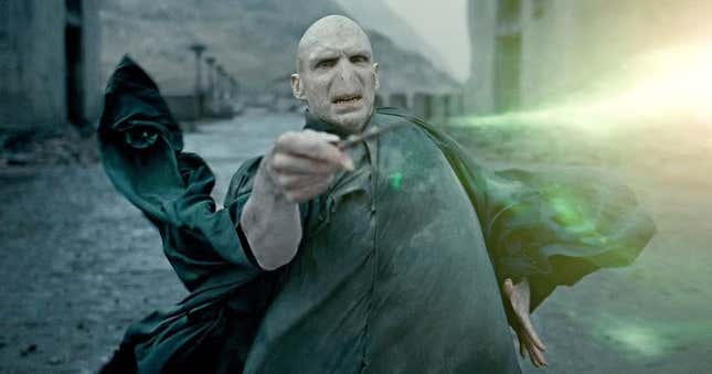 Voldemort is seen casting a spell on someone off-screen.