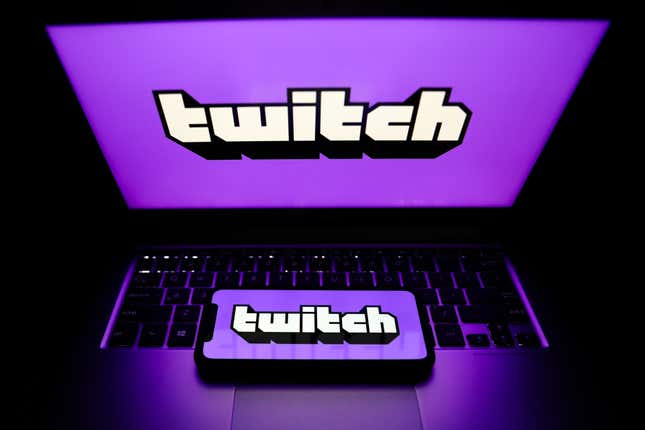 Twitch's ironic purple logo and text is emblazoned on a MacBook and iPhone.