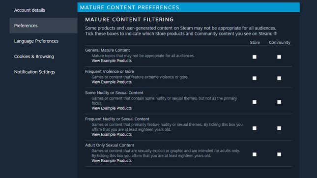 All content filters in Steam’s account settings