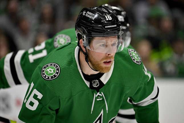 Apr 6, 2023; Dallas, Texas, USA; Dallas Stars center Joe Pavelski (16) waits for the face against the Philadelphia Flyers in the Stars zone during the third period at the American Airlines Center.