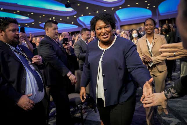 Georgia Democratic gubernatorial candidate Stacey Abrams arrives to speak during the annual North America’s Building Trades Union’s Legislative Conference at the Washington Hilton Hotel on April 6, 2022, in Washington, DC.
