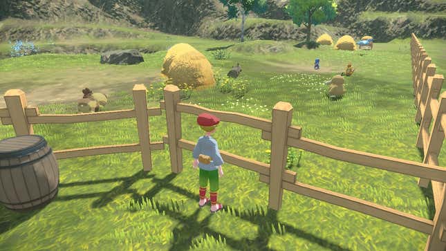 A figure looks out on a lovely fenced-in Pokemon pasture, with a few creatures milling about inside.