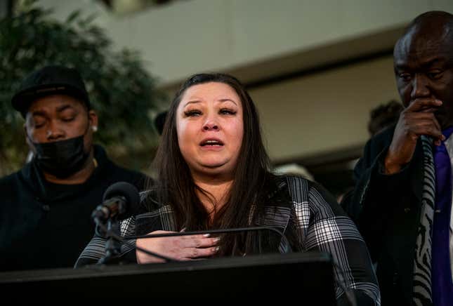 MINNEAPOLIS, MN - FEBRUARY 18: Katie Wright (C), mother of Daunte Wright, speaks about the sentencing hearing for former Brooklyn Center police officer Kim Potter at the Hennepin County Government Center on February 18, 2022 in Minneapolis, Minnesota.