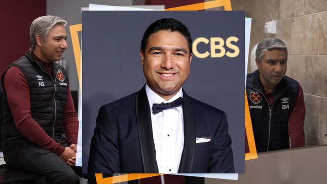 Center: Nick Mohammed poses in the press room during the 73rd Primetime Emmy Awards on September 19, 2021 (Photo: Rich Fury/Getty Images); left and right: Nick Mohammed in Ted Lasso (Photos: Apple TV+)