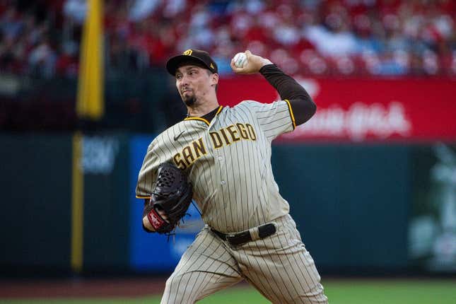Aug 28, 2023; St. Louis, Missouri, USA; San Diego Padres starting pitcher Blake Snell (4) pitches against the St. Louis Cardinals during the first inning at Busch Stadium.