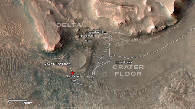 The route Perseverance has taken on Mars and the rover's current location.