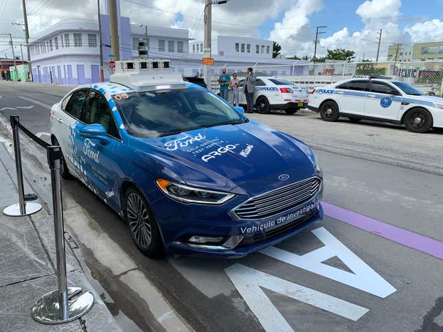 One of Ford’s cars pulling up in a designated area for Miami’s theoretical autonomous vehicles.