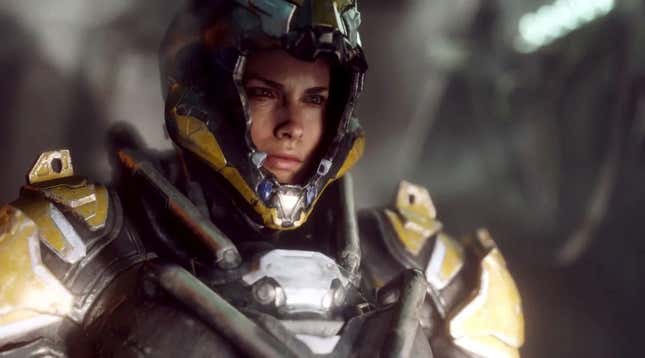 A freelancer in Anthem takes off her mask for a moment. 