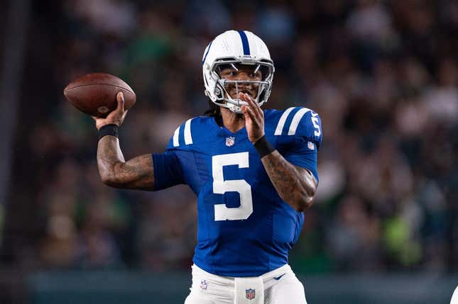 Aug 24, 2023; Philadelphia, Pennsylvania, USA; Indianapolis Colts quarterback Anthony Richardson (5) passes the ball against the Philadelphia Eagles during the second quarter at Lincoln Financial Field.