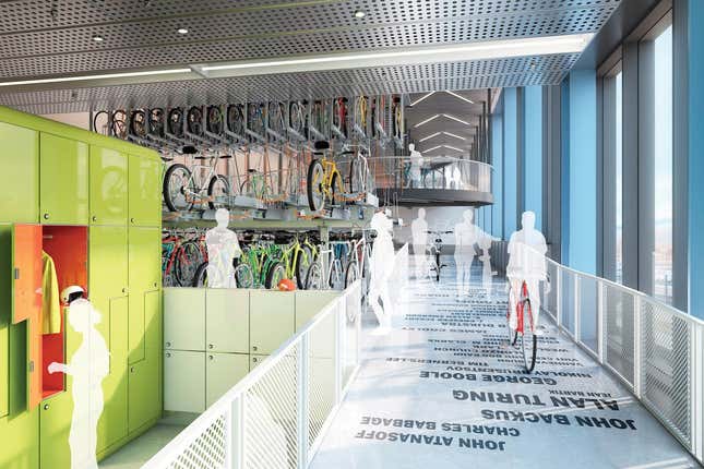 Googlers can cycle right into the building to the 20,000-sq-ft bike shed.