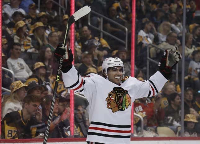 Apr 11, 2023; Pittsburgh, Pennsylvania, USA;  Chicago Blackhawks center Andreas Athanasiou (l89) reacts after scoring a goal against the Pittsburgh Penguins during the third period at PPG Paints Arena.