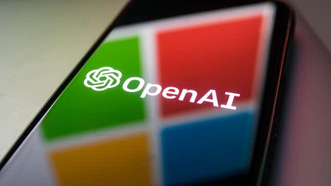 A phone with the OpenAI logo reflecting the Microsoft Windows logo.