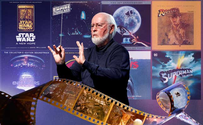 Center: John Williams (Photo: Paul Morigi/Getty Images/Capitol Concerts); Original soundtrack album covers (clockwise from left to right): Star Wars: A New Hope (RCA); The Empire Strikes Back (Vinyl/RSO), E.T. (Universal Music Group); Raiders Of The Lost Ark (Concord Records); Superman: The Movie (La-La Land Records); Jaws (Decca); Jurassic Park (Universal Music Group); Close Encounters Of The Third Kind (Sony Japan)