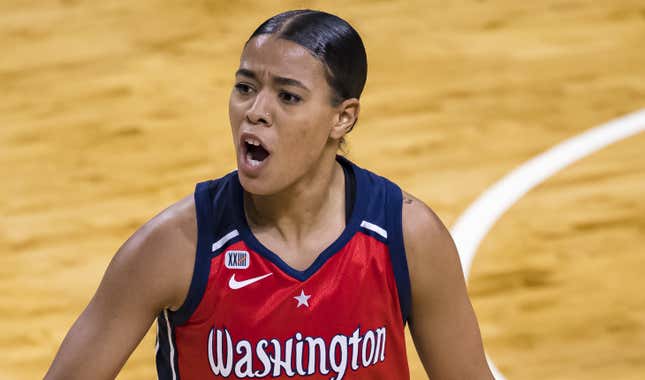 Natasha Cloud #9 of the Washington Mystics reacts during the second half of the game against the Chicago Sky at Entertainment &amp; Sports Arena on May 15, 2021 in Washington, DC. (Photo by Scott Taetsch/Getty Images)