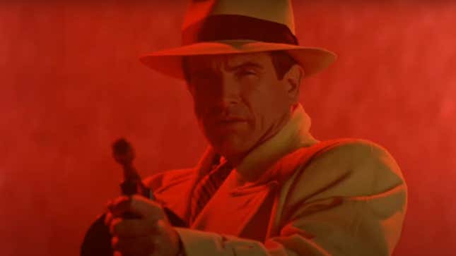 DickTracy, bathed in red light, fires a tommy gun at various criminals.