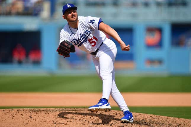 Apr 30, 2023; Los Angeles, California, USA; Los Angeles Dodgers relief pitcher Alex Vesia (51) throws against the St. Louis Cardinals during the seventh inning at Dodger Stadium.