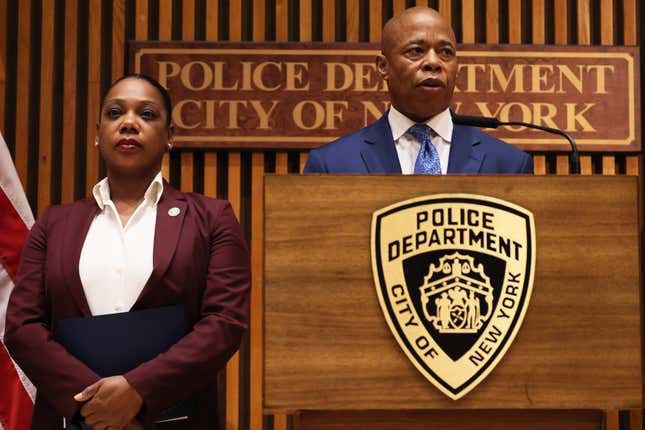 NEW YORK, NEW YORK - APRIL 18: NYPD Commissioner Keechant L. Sewell listens on as Mayor Eric Adams speaks during a press conference at 1 Police Plaza on April 18, 2023 in New York City. 