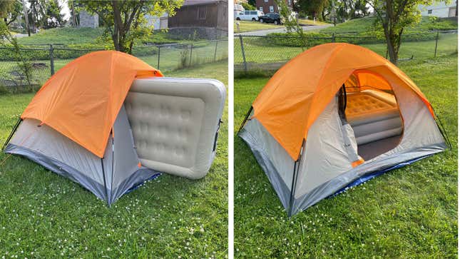 2 photos: an air mattress stuck, sideways, in the door of a tent. Then, the same air mattress properly settled inside the tent. 
