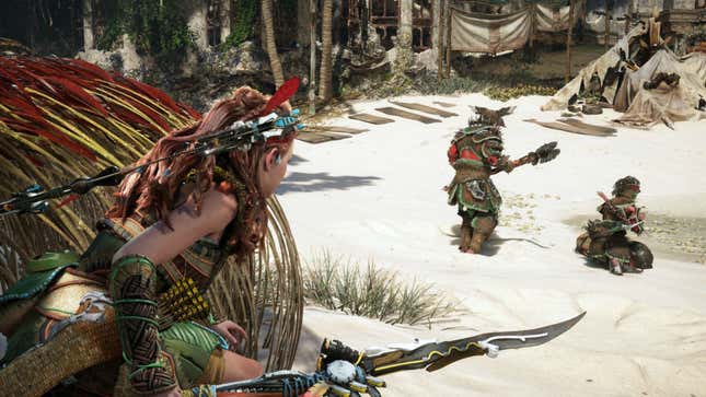 A screenshot from Horizon Forbidden West depicting Aloy prowling on some unsuspecting guards.