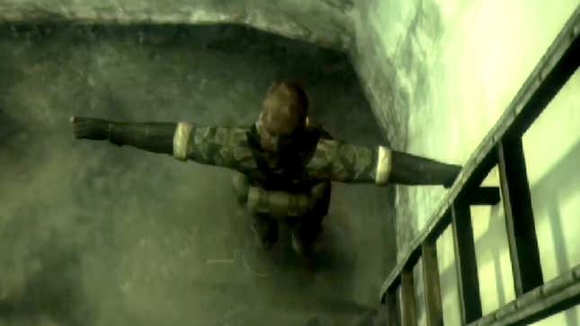 A man in military fatigues T-poses next to a ladder.