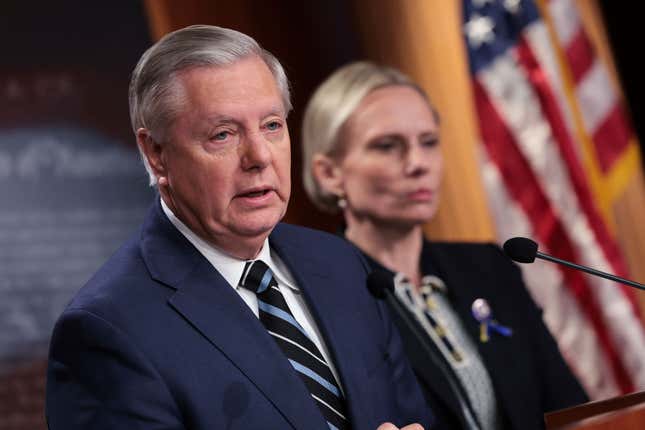 U.S. Sen. Lindsey Graham (R-SC) and Ukrainian-American Rep. Victoria Spartz (R-IN) speak to reporters on Russia’s invasion of Ukraine at the U.S. Capitol on March 02, 2022, in Washington, DC.