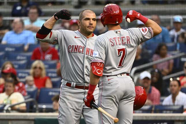 Jul 3, 2023; Washington, District of Columbia, USA; Cincinnati Reds first baseman Joey Votto (19) is congratulated by first baseman Spencer Steer (7) after hitting a two run home run against the Washington Nationals during the fourth inning at Nationals Park.