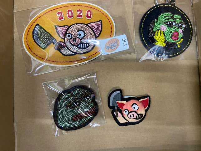 Protest-themed beaded badges on sale at the Lunar New Year market in Sai Ying Pun, Hong Kong, Jan. 19, 2020.