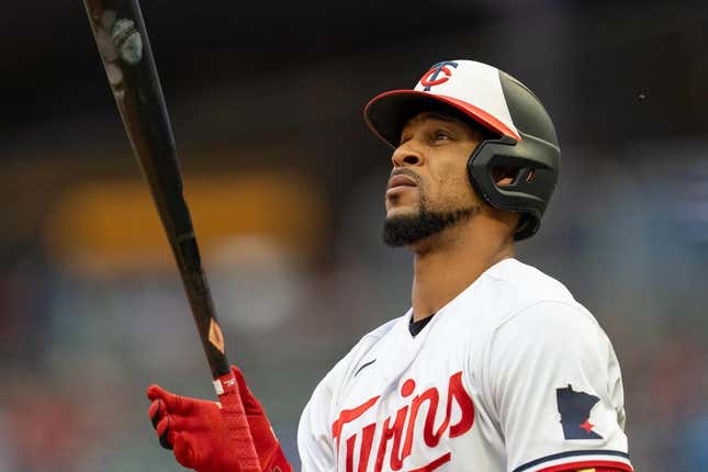 May 12, 2023; Minneapolis, Minnesota, USA; Minnesota Twins designated hitter Byron Buxton (25) heads to the plate in the first inning against the Chicago Cubs at Target Field.