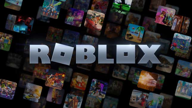 The logo for Roblox surrounded by screens of various Roblox-made games. 