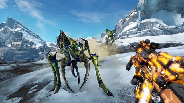 A vault hunter shoots a giant bug in Borderlands 2 VR.