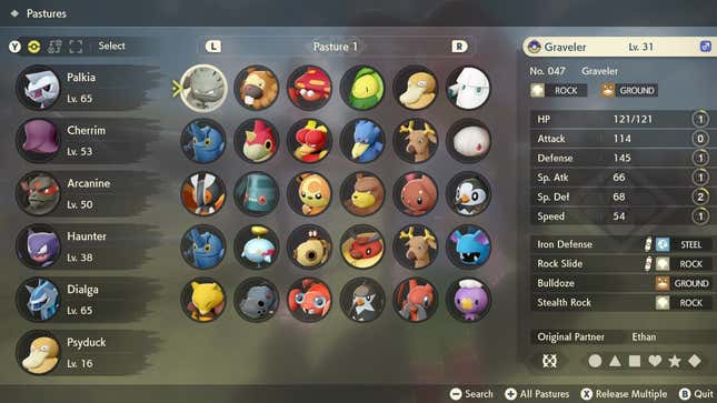 A Pastures menu screen in Pokemon Legends: Arceus, showing images of various Pokemon in small circles, with statistical information for the highlighted creature listed on the right.