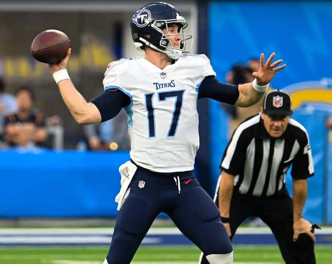 Dec 18, 2022; Inglewood, California, USA; Tennessee Titans quarterback Ryan Tannehill (17) throws a pass during the fourth quarter against the Los Angeles Chargers at SoFi Stadium.