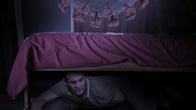 Image for article titled Man Hides Under Bed, Covers Mouth As Enormous Delta Variant Virus Tears Through House