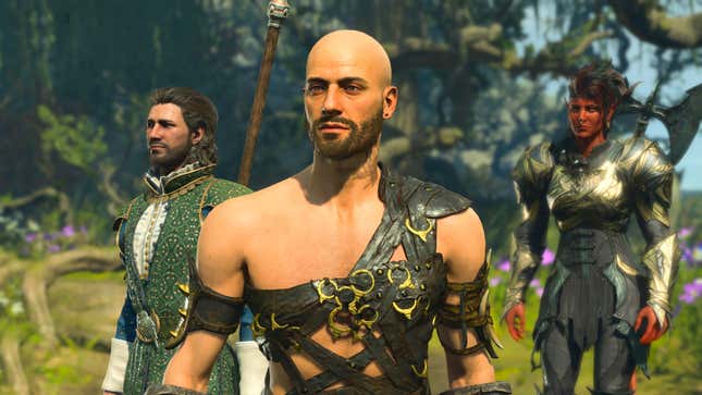 Shep, Gale, and Karlach are shown standing in a forest area.